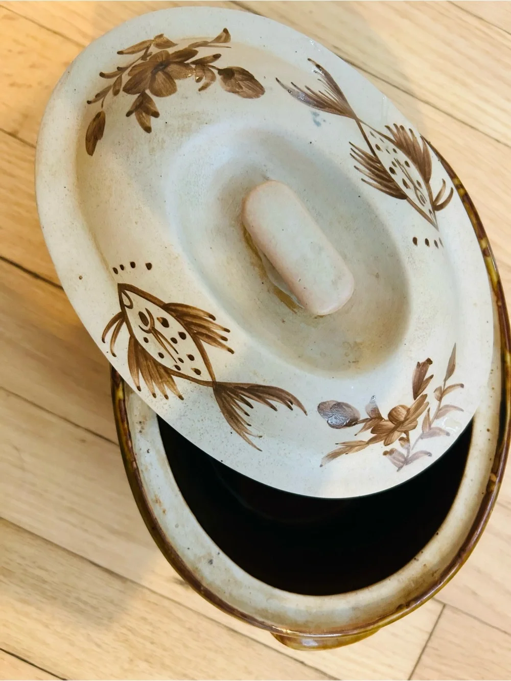 Hand-Painted Cream & Brown Vintage Stoneware Casserole Dish